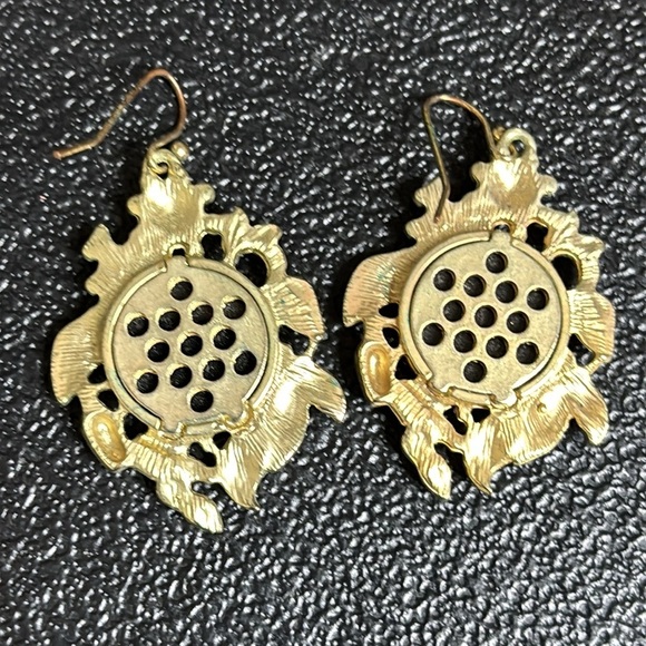 Georgian Revivalist Black Scroll Floral Pearl Gold Tone Dangle Hook Earrings - Picture 5 of 6